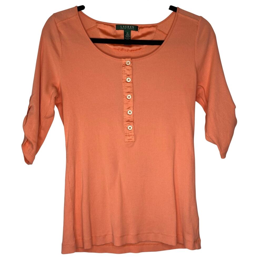 Lauren Ralph Lauren Orange Ribbed Knit Ruched Sleeve Henley Top Size Medium